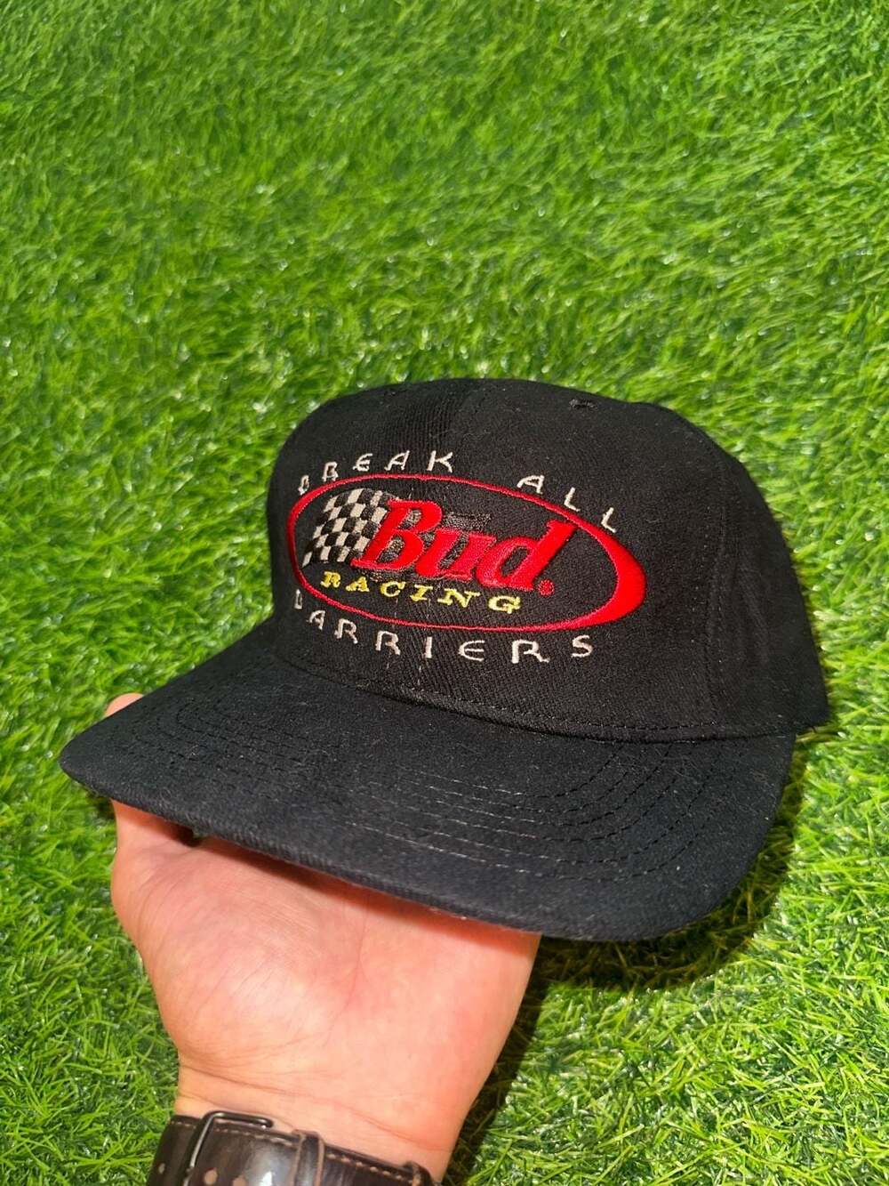 Vintage 1995 Anheuser-Busch Bud Racing Break All Barriers Black Strapback Hat